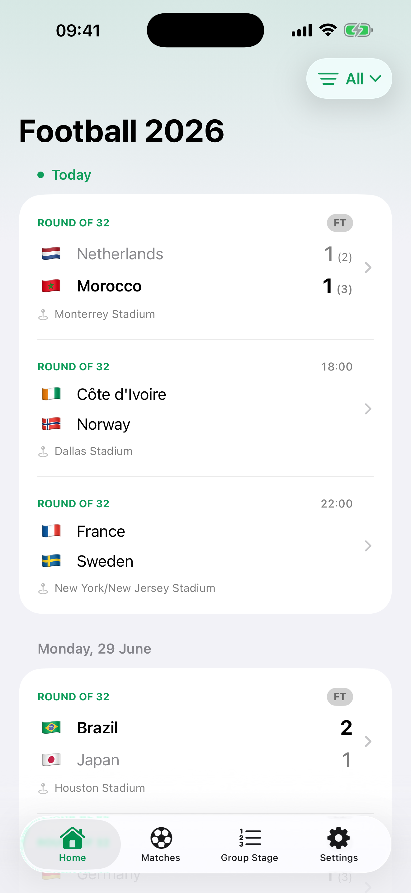 The Just Football schedule, showing today's matches with live scores