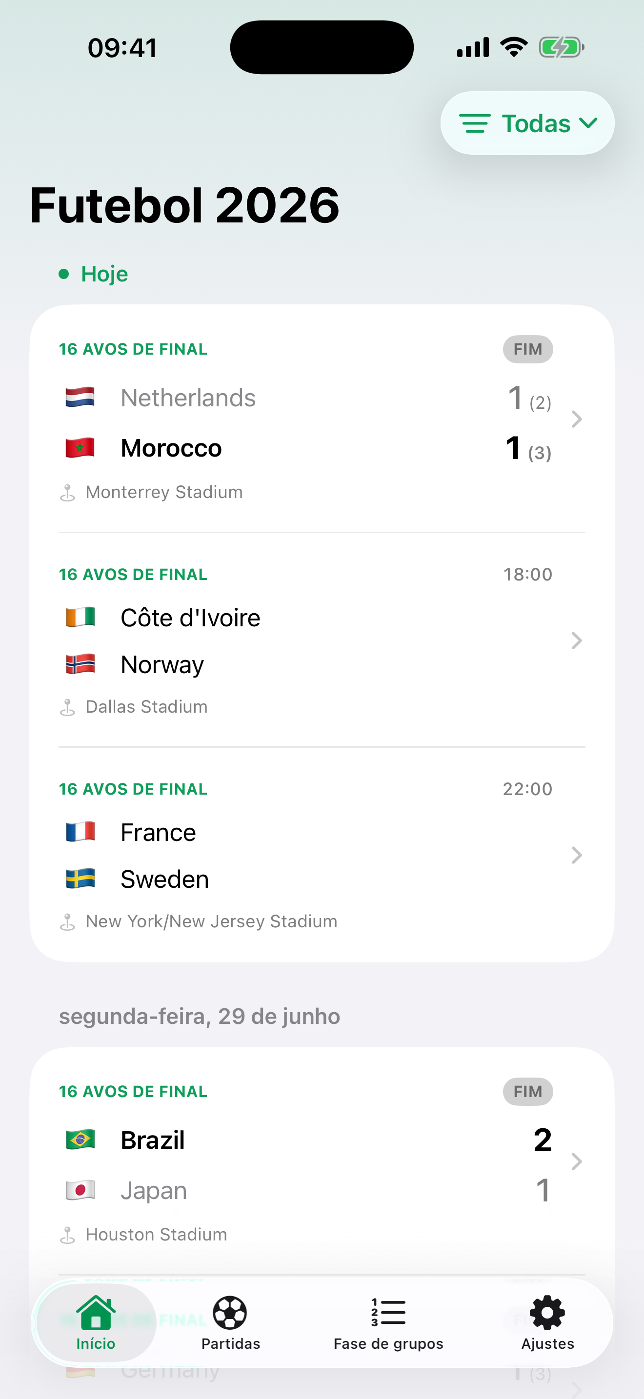 A tabela do Just Football, mostrando os jogos de hoje com placares ao vivo